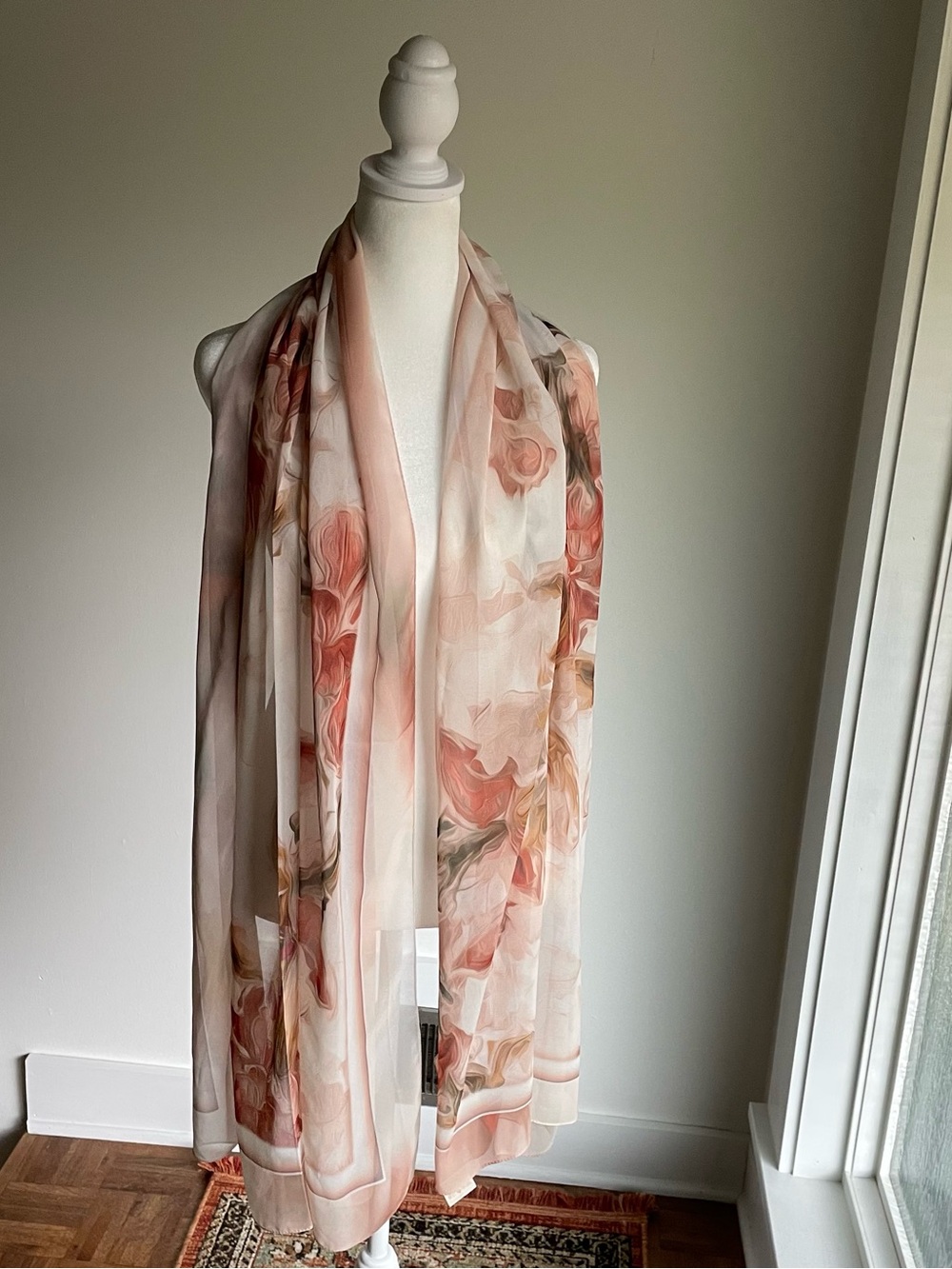 Milenda Abstract Floral Silky Oblong Scarf Wrap Retro Cottage Glamour 76" x 28" - Picture 2 of 11